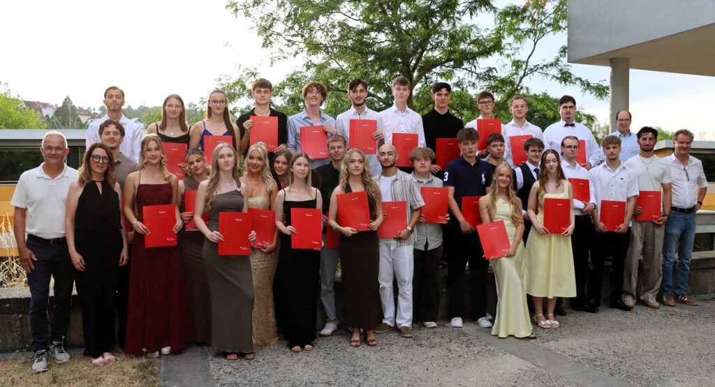 Abschlussfoto des Berufskollegs Wirtschaft mit den Absolventinnen und Absolventen, Klassenlehrern und Schulleitung